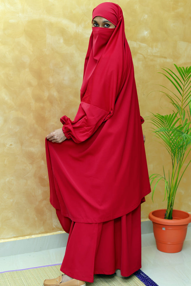 Sacred Crimson – Red Hajj & Umrah 3-Piece Abaya Set | Overhead Khimar with Sleeves, Pocketed Skirt & Niqab | Imported Korean Nida Fabric
