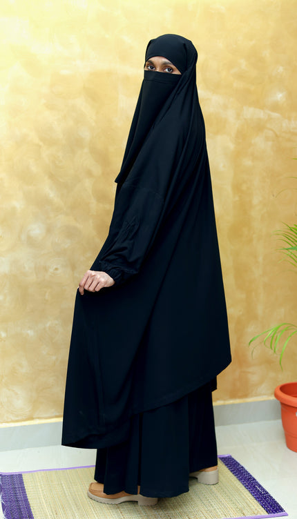 Divine Grace – Black Umrah & Hajj 3-Piece Prayer Set | Sleeved Khimar, Pocket Skirt & Matching Niqab | Korean Nida Fabric