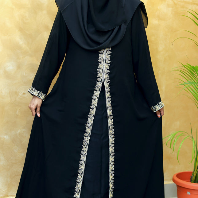 Open-Front Black Zaridosi Embroidered Abaya | Modern Designer Modestwear