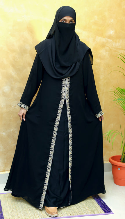 Open-Front Black Zaridosi Embroidered Abaya | Modern Designer Modestwear