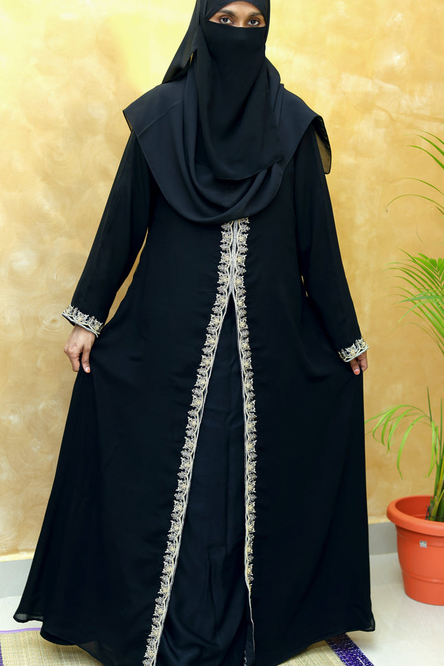 Open-Front Black Zaridosi Embroidered Abaya | Modern Designer Modestwear