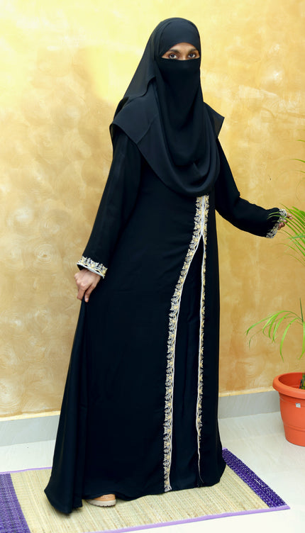 Open-Front Black Zaridosi Embroidered Abaya | Modern Designer Modestwear