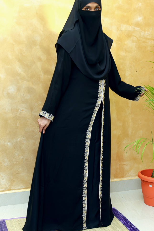 Open-Front Black Zaridosi Embroidered Abaya | Modern Designer Modestwear