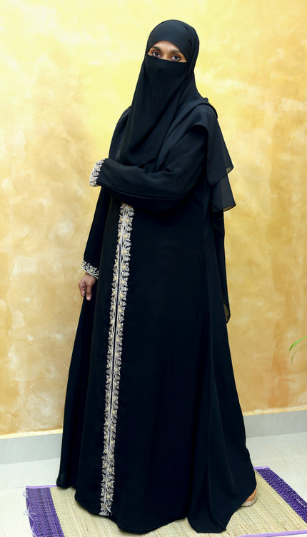 Open-Front Black Zaridosi Embroidered Abaya | Modern Designer Modestwear