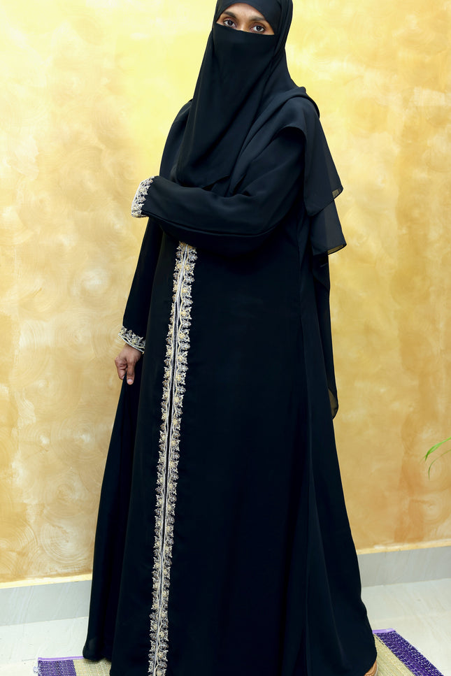Open-Front Black Zaridosi Embroidered Abaya | Modern Designer Modestwear