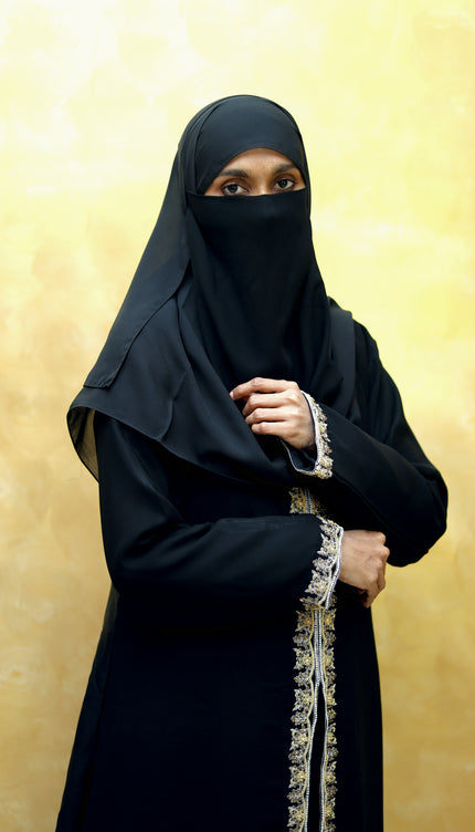 Open-Front Black Zaridosi Embroidered Abaya | Modern Designer Modestwear