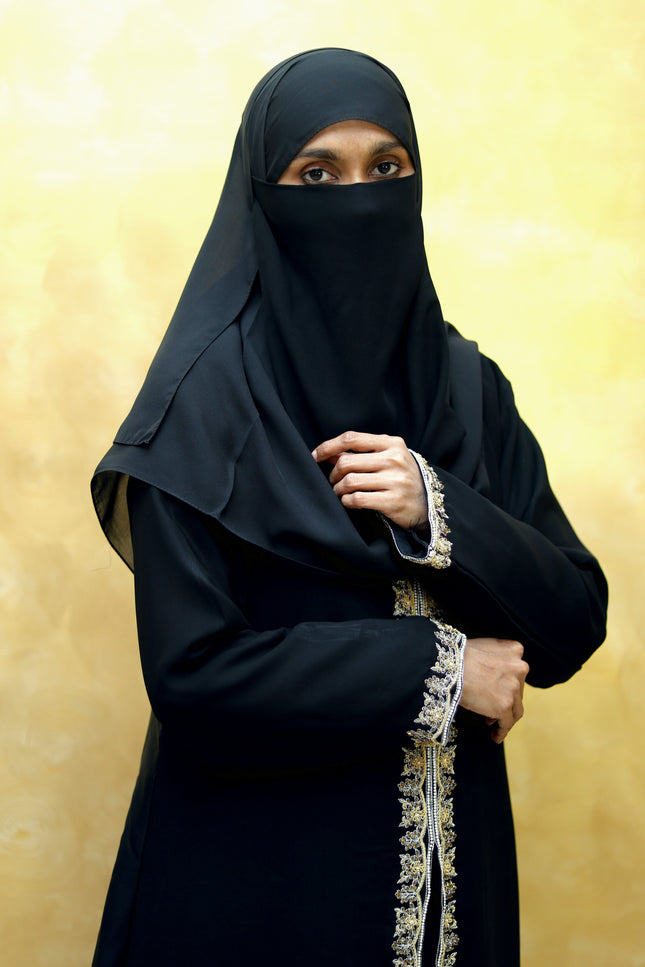 Open-Front Black Zaridosi Embroidered Abaya | Modern Designer Modestwear