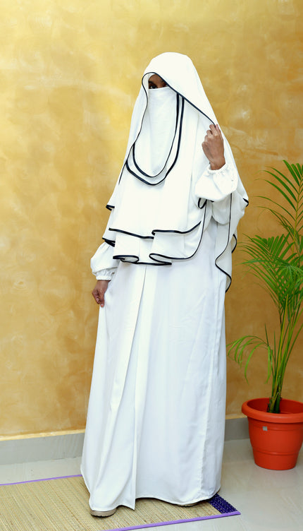 Noor Ivory & Black Piped Abaya Set with Princess Khimar