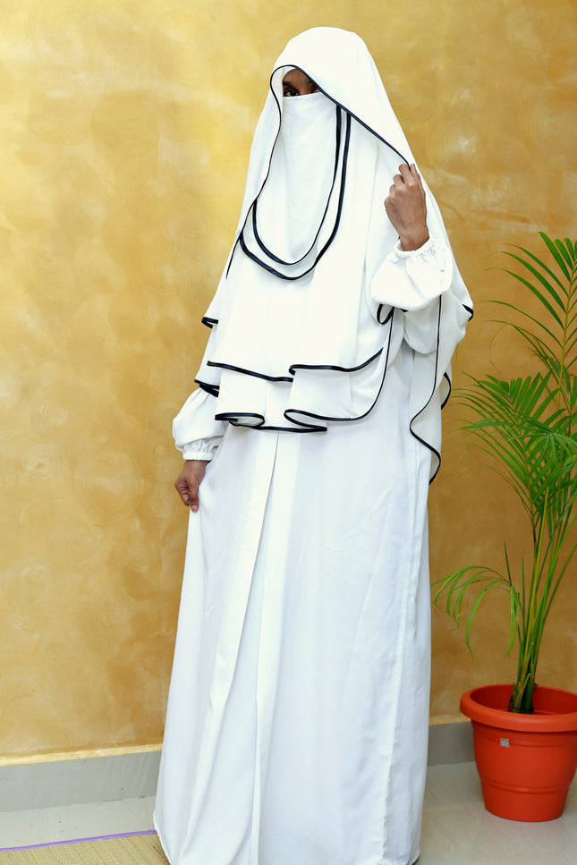 Noor Ivory & Black Piped Abaya Set with Princess Khimar
