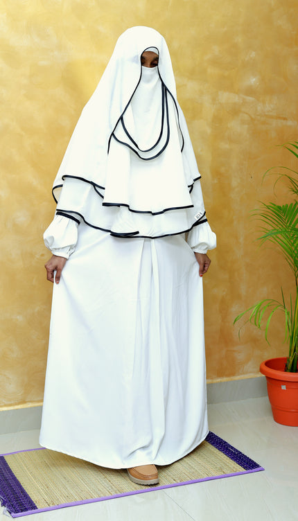 Noor Ivory & Black Piped Abaya Set with Princess Khimar