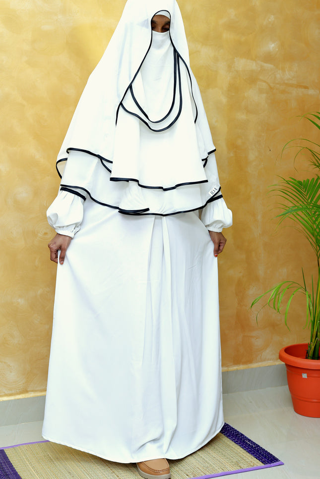 Noor Ivory & Black Piped Abaya Set with Princess Khimar