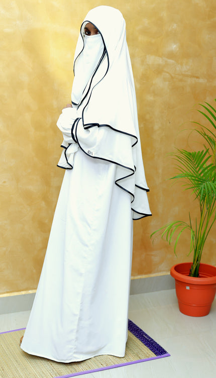 Noor Ivory & Black Piped Abaya Set with Princess Khimar