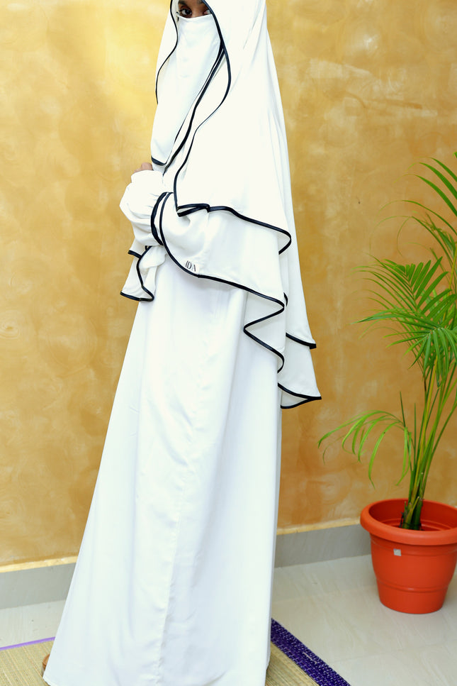 Noor Ivory & Black Piped Abaya Set with Princess Khimar