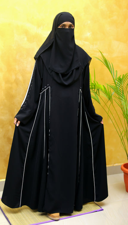 Black Abaya with White Contrast Embroidery