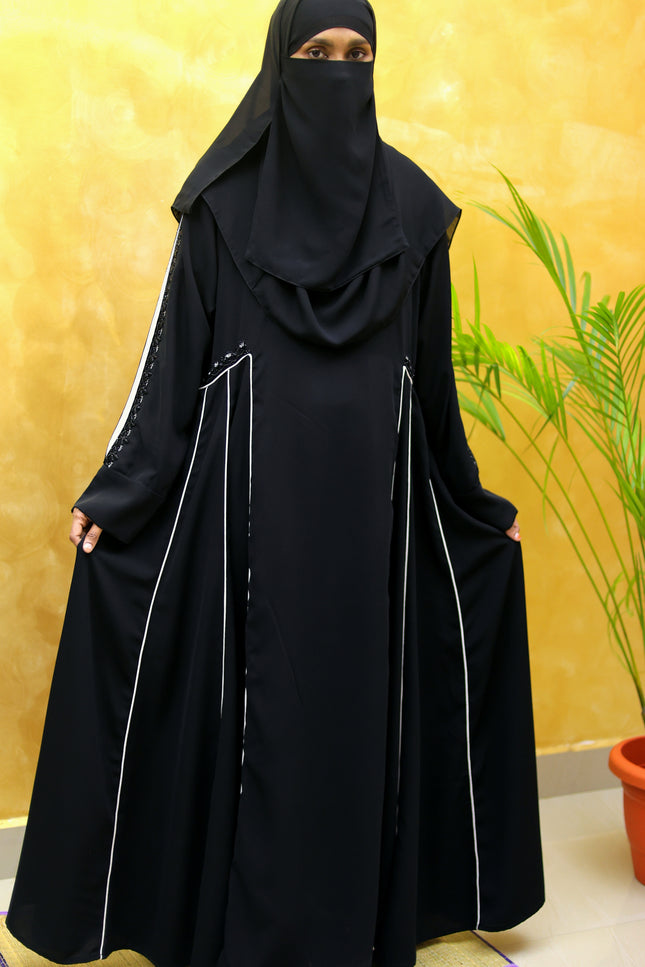 Black Abaya with White Contrast Embroidery