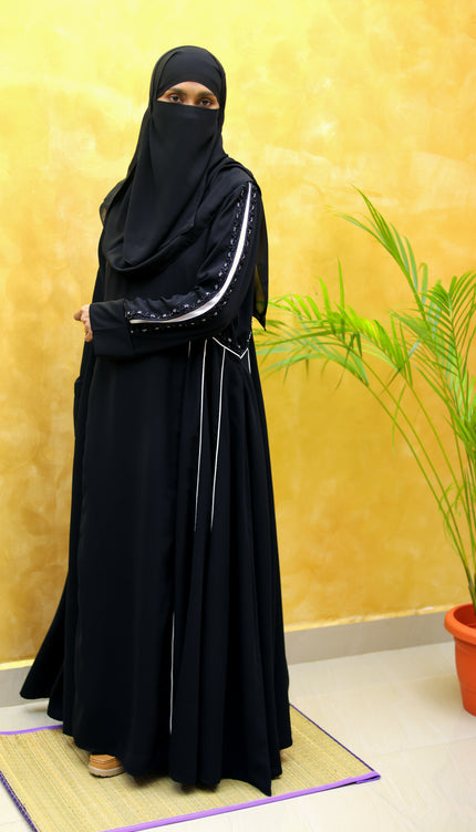 Black Abaya with White Contrast Embroidery