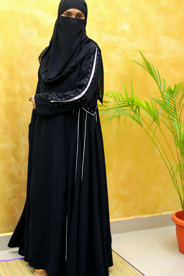 Black Abaya with White Contrast Embroidery
