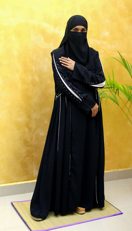 Black Abaya with White Contrast Embroidery