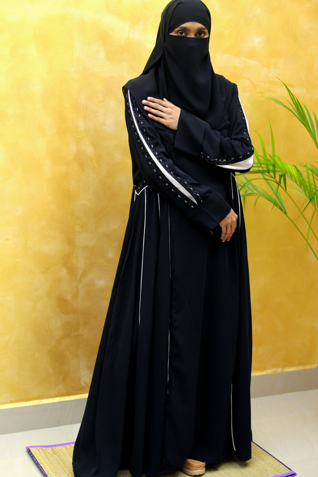 Black Abaya with White Contrast Embroidery