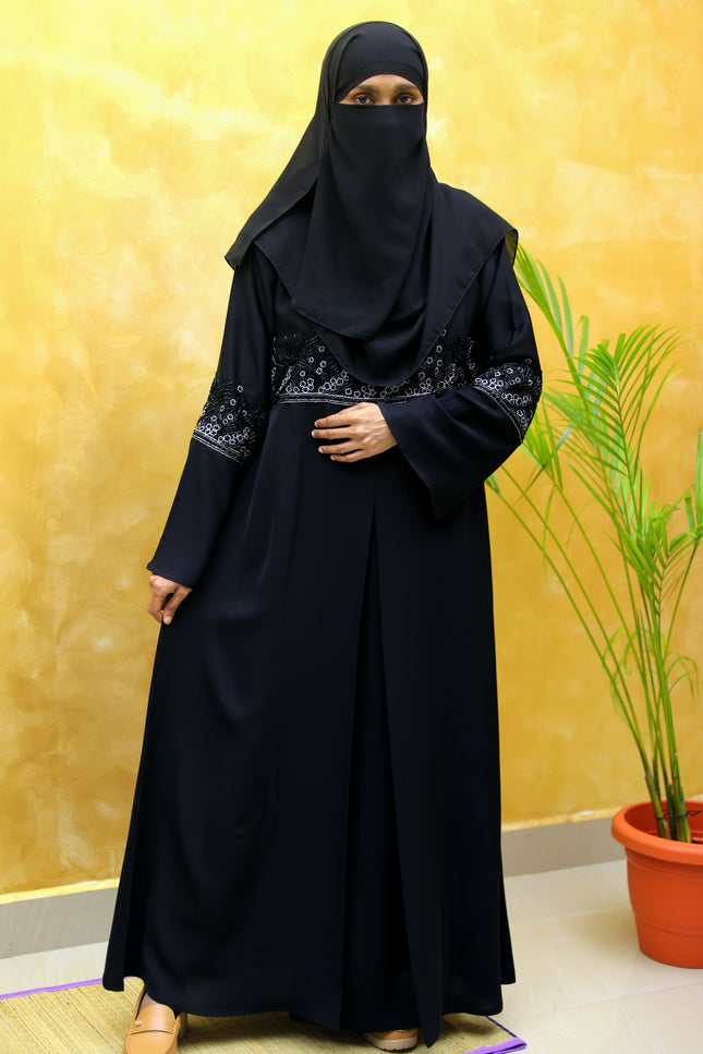 Black A-Line Abaya with Heavy Embroidery | Luxury Korean Nida