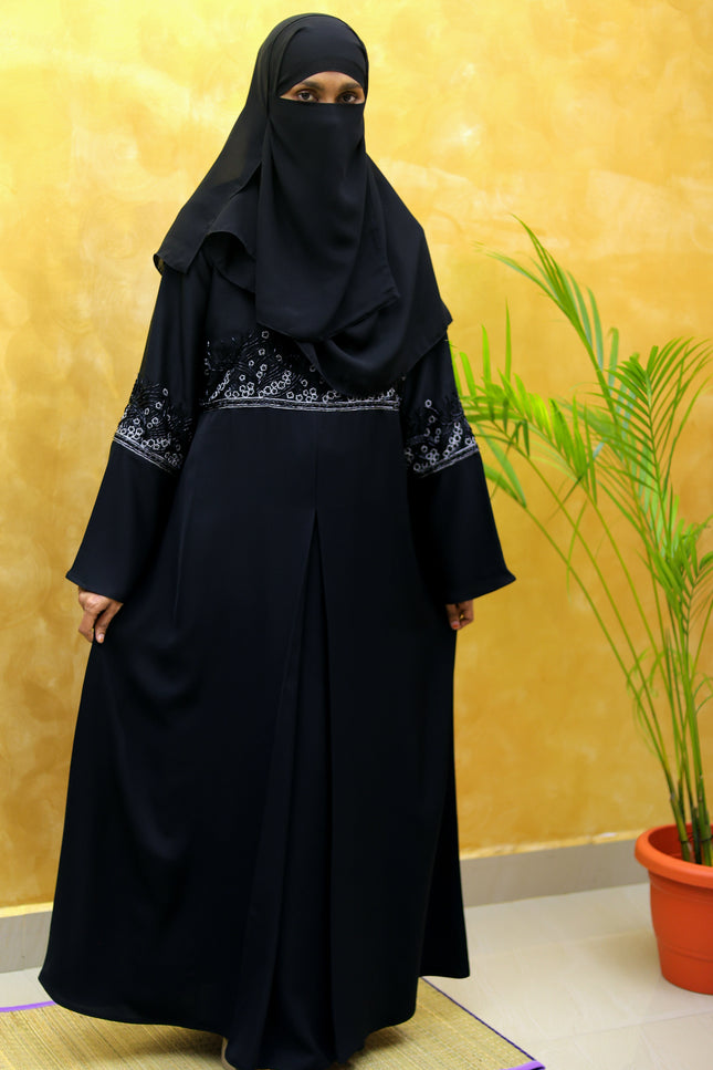 Black A-Line Abaya with Heavy Embroidery | Luxury Korean Nida