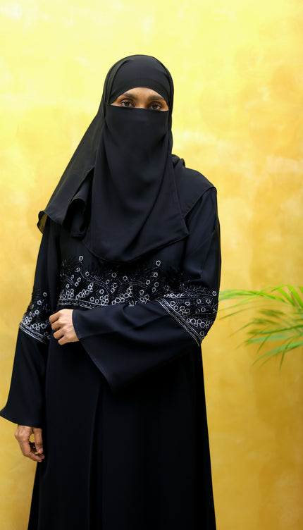 Black A-Line Abaya with Heavy Embroidery | Luxury Korean Nida