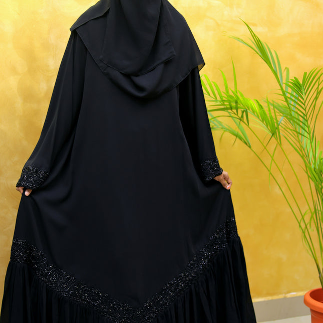 Black Embroidered Abaya with Chiffon Frill | Premium Occasionwear