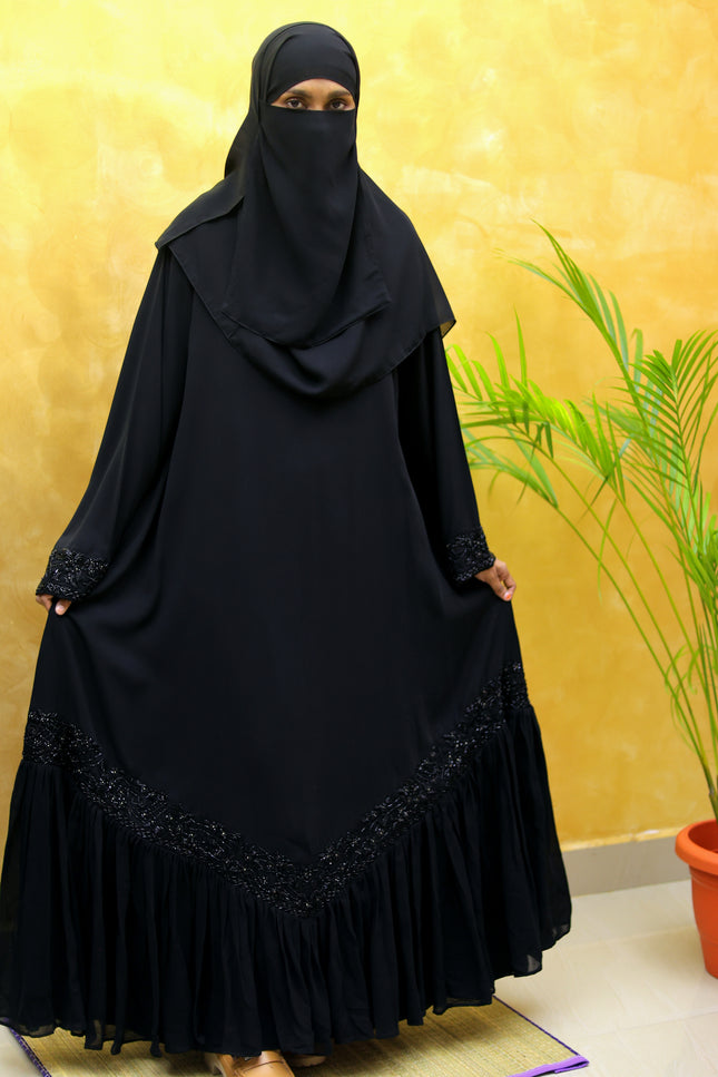 Black Embroidered Abaya with Chiffon Frill | Premium Occasionwear