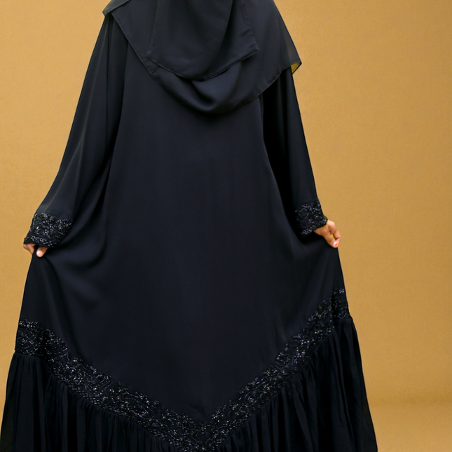 Black Embroidered Abaya with Chiffon Frill | Premium Occasionwear