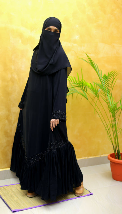 Black Embroidered Abaya with Chiffon Frill | Premium Occasionwear