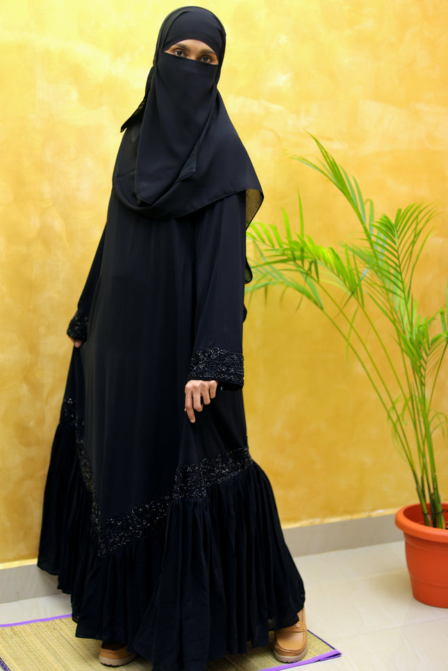 Black Embroidered Abaya with Chiffon Frill | Premium Occasionwear