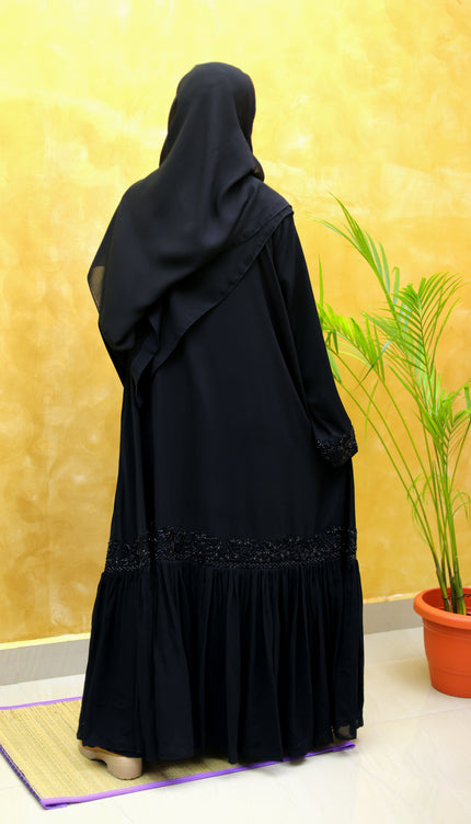 Black Embroidered Abaya with Chiffon Frill | Premium Occasionwear