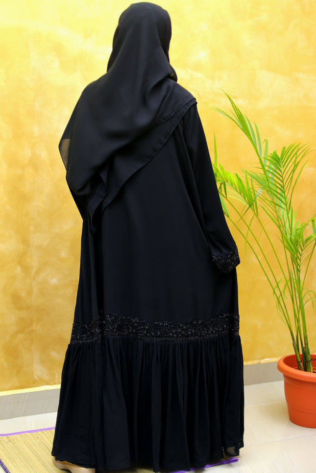 Black Embroidered Abaya with Chiffon Frill | Premium Occasionwear