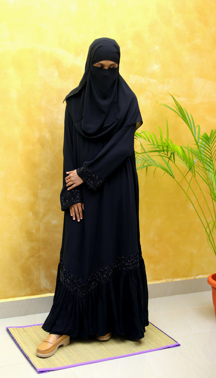 Black Embroidered Abaya with Chiffon Frill | Premium Occasionwear