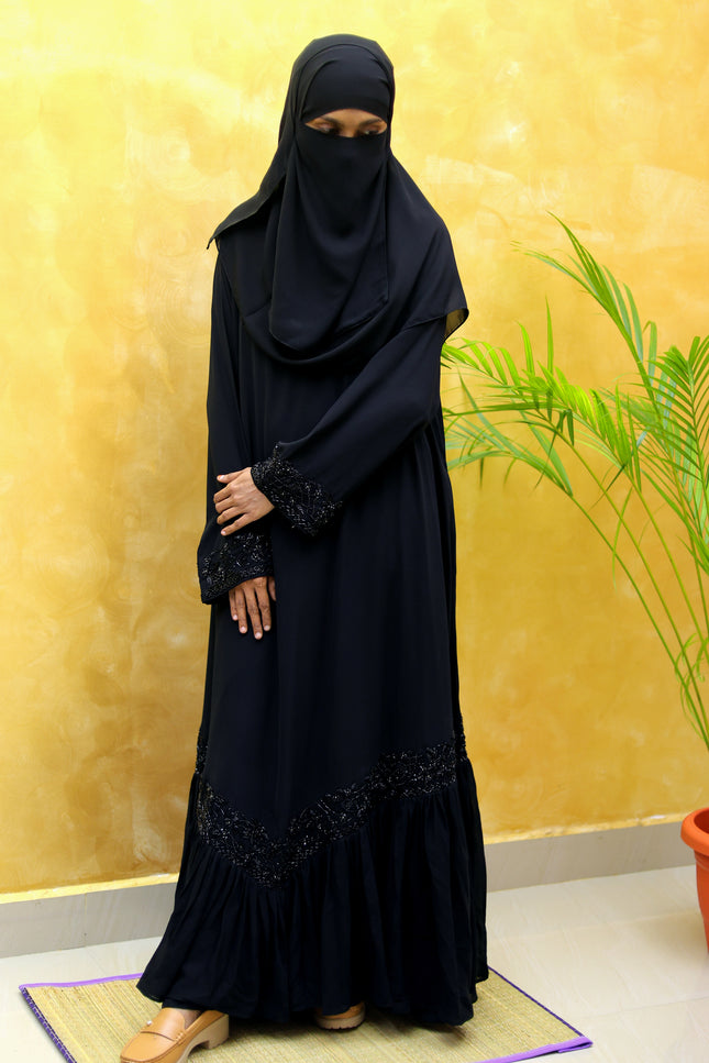 Black Embroidered Abaya with Chiffon Frill | Premium Occasionwear