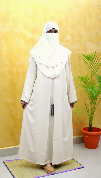Cream Front-Open Abaya with Beaded Sleeves & Tassel