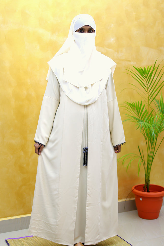 Cream Front-Open Abaya with Beaded Sleeves & Tassel