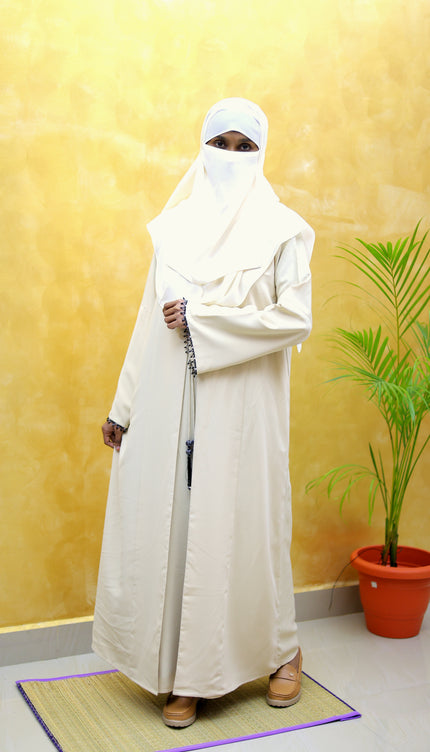 Cream Front-Open Abaya with Beaded Sleeves & Tassel