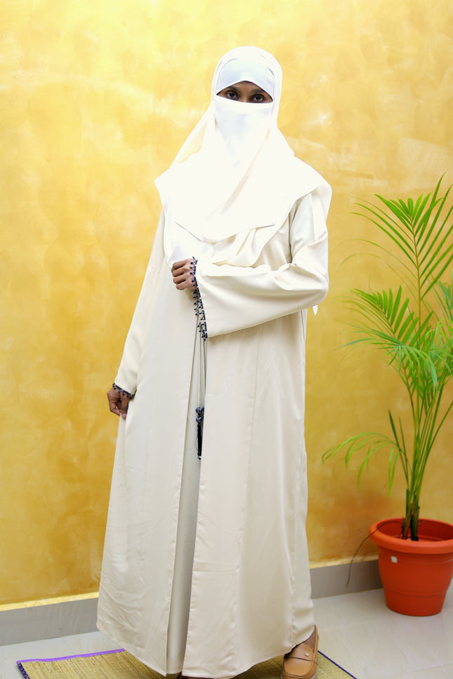 Cream Front-Open Abaya with Beaded Sleeves & Tassel