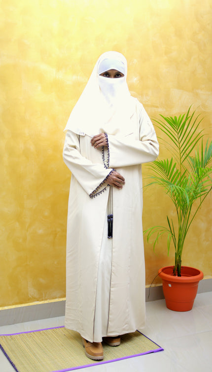 Cream Front-Open Abaya with Beaded Sleeves & Tassel
