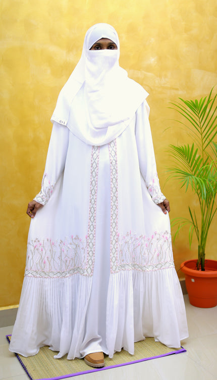 White Floral-Handwork Front‑Open Abaya | Premium Designer