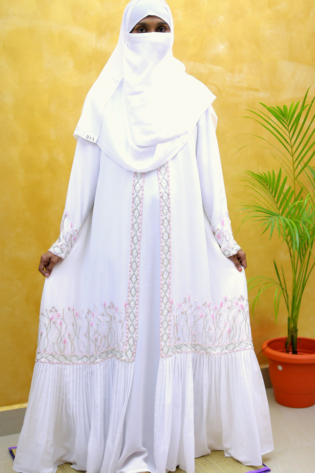 White Floral-Handwork Front‑Open Abaya | Premium Designer
