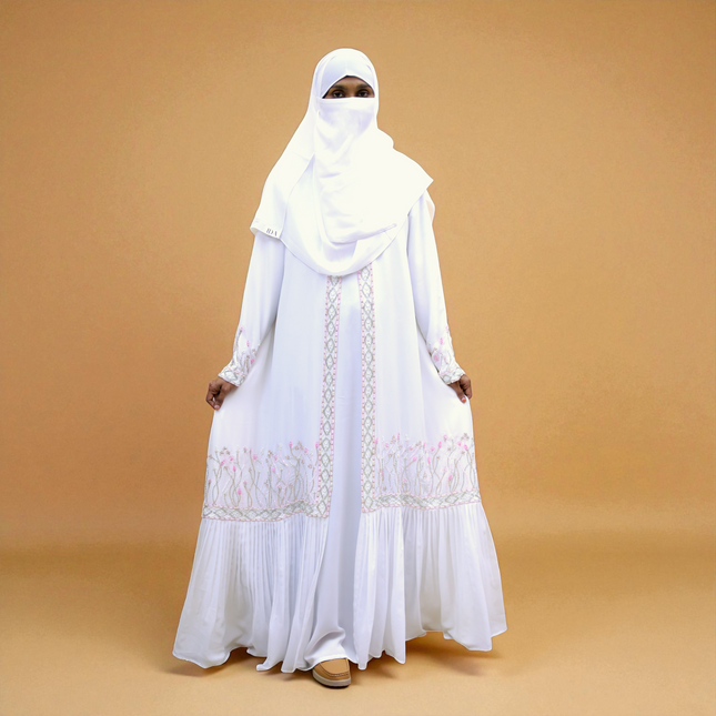 White Floral-Handwork Front‑Open Abaya | Premium Designer