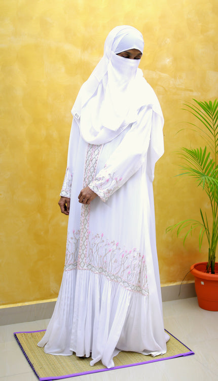 White Floral-Handwork Front‑Open Abaya | Premium Designer