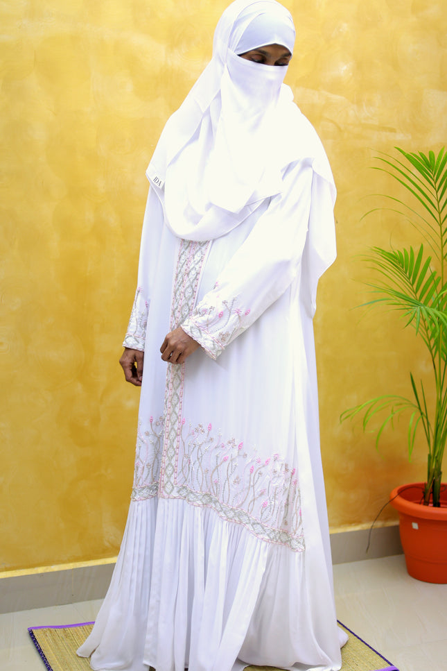White Floral-Handwork Front‑Open Abaya | Premium Designer