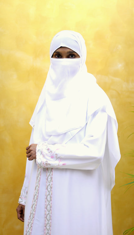 White Floral-Handwork Front‑Open Abaya | Premium Designer
