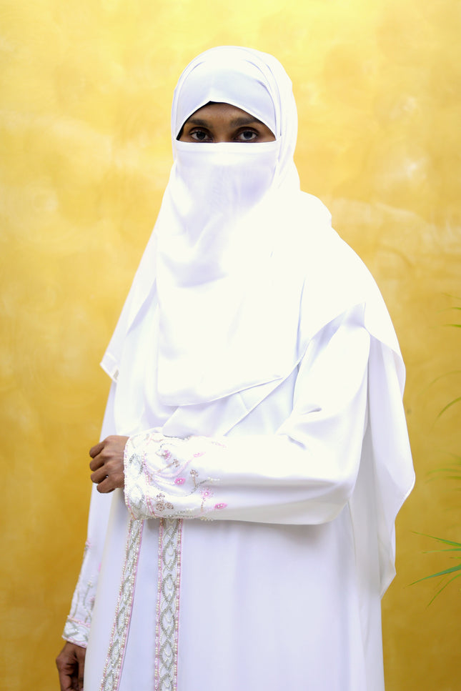 White Floral-Handwork Front‑Open Abaya | Premium Designer