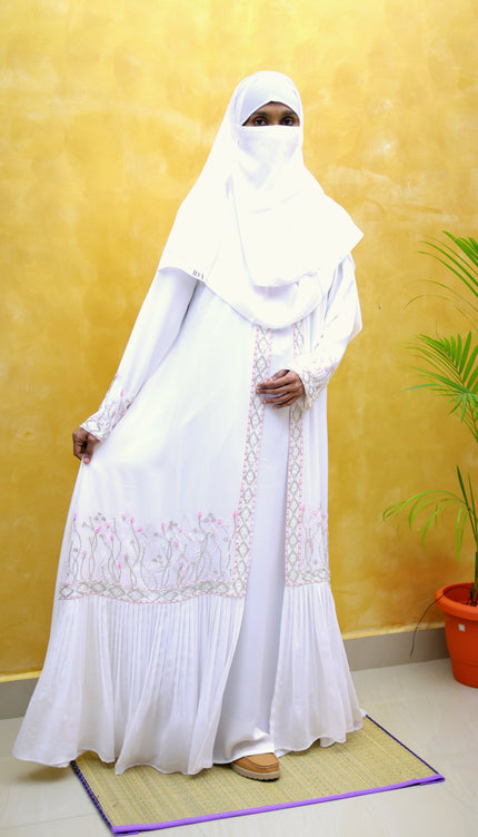 White Floral-Handwork Front‑Open Abaya | Premium Designer