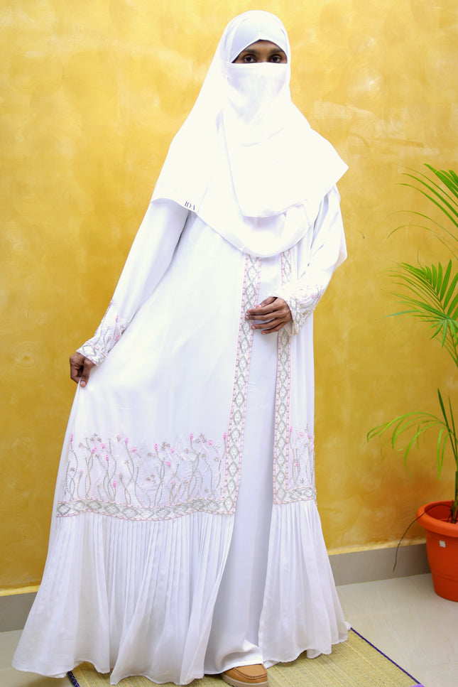 White Floral-Handwork Front‑Open Abaya | Premium Designer