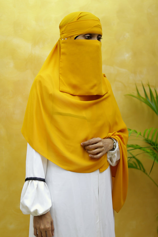 Hijab cum Niqab – Mustard Yellow Modest Shawl with Built-in Face Cover